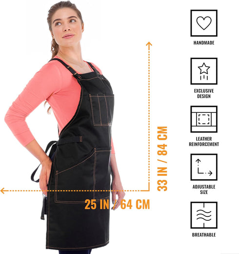 Under NY Sky Essential Deep Black Apron – Cross-Back with Durable Twill and Leather Reinforcement – Adjustable for Men and Women – Pro Chef, Tatto...