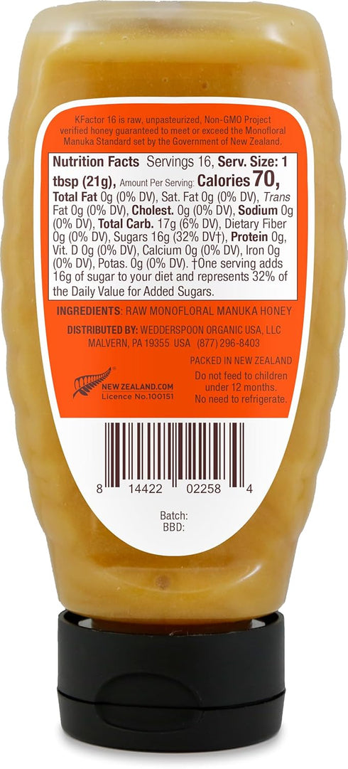 Wedderspoon Raw Manuka Honey, Unpasteurized, Genuine New Zealand Honey, Multi-Functional, Non-GMO Superfood, Convenient Squeeze Bottle, KFactor 16...