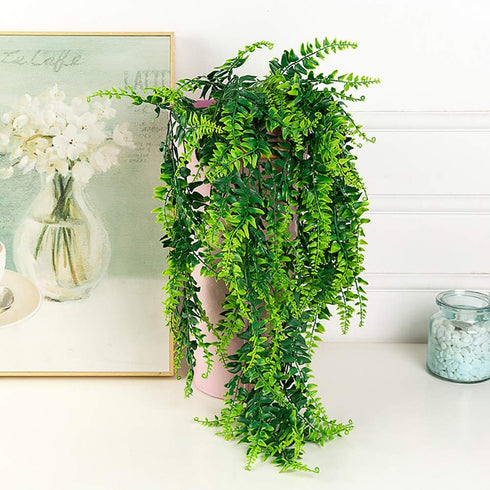 YYaaloa Fake Plants Artificial Hanging Plants 2-Pack 31.5Inch Boston Fern Fake Leaves Greeny Chain Wall Home Room Garden Wedding Garland Outside D...