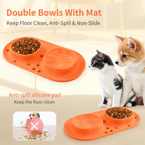Dog Food Water Bowls for Puppy - Small Medium Dogs Feeder Bowl Mat No-Spill and Non-Skid Dog Dish Pet Feeding Station,Orange...