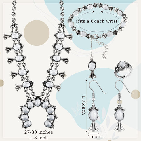 Henoyso 4 Pcs Bohemian Squash Blossom Turquoise Western Jewelry Set Vintage Metal Howlite Necklace Earrings Wrist Chain Ring for Women (White Turq...