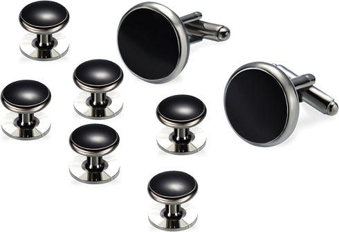Men's Tuxedo Shirts Round Cufflinks and Studs Set For Business Wedding Black and Sliver...