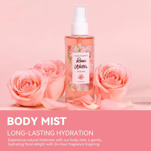 Body & Earth Body Mist Gift Set - Spa Gifts for Women, Perfume, Body Lotion, and Body Scrub in a Rose Water Box- Perfect Birthday Gifts for Mom Gi...