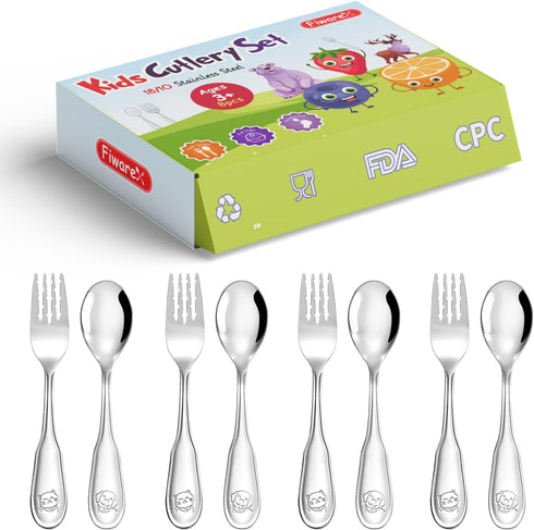 Toddler-Utensils-Kids-Silverware-Set, 8 PCS 18/10 Stainless Steel Toddler Forks and Spoons, Round Edges Children Cutlery Set with Dog & Cat Patter...