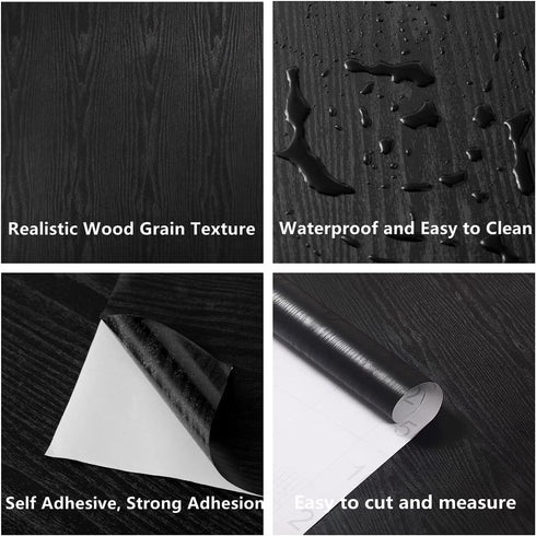 Black Wallpaper Wood Peel and Stick Wallpaper Self Adhesive Film Black Contact Paper Countertop Furniture Kitchen Wall Waterproof Removable Self S...