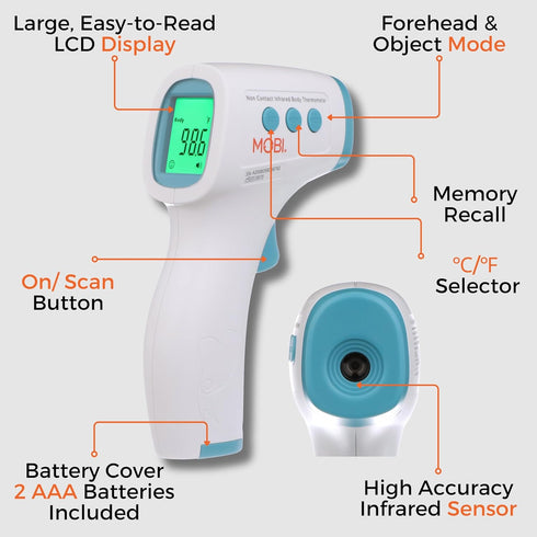 MOBI - Non-Contact Forehead Digital Thermometer with Object Temperature Mode - Touchless with High Fever Indicator - No Touch Thermometer for Baby...