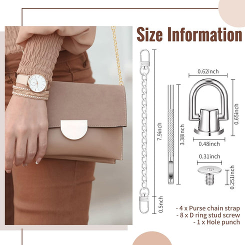 4 Pcs Purse Chain Strap Extender 7.9 Inch Purse Chain and 8 Pcs Studs Rivets D Ring, Flat Purse Strap Extender with Post Head Buttons Bag Making S...