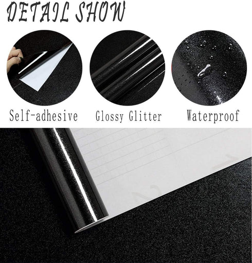 Glossy Black Contact Paper Shiny Peel and Stick Wallpaper Glitter Countertop Contact Paper Self-adhesive Removable Wallpaper Vinyl Decorative Kitc...