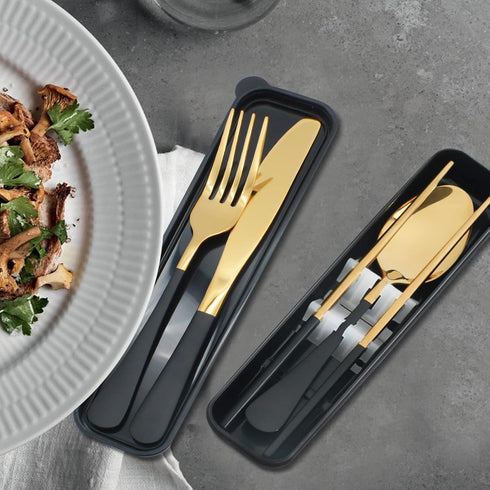 Black Portable Flatware Cutlery Set, TWUTGAYW Stainless Steel Travel Utensils with Case, Reusable Chopsticks Knife Spoons and Forks Set, Gold Camp...