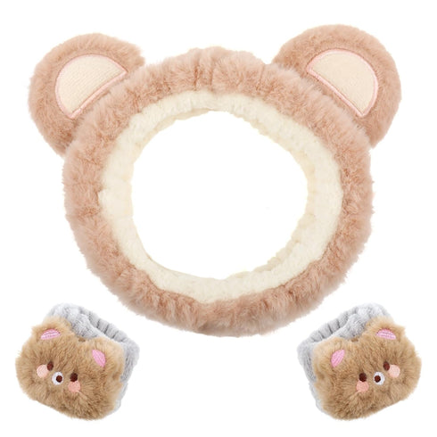 3 Pieces Face Wash Headband and Wristband Set, Cute Bear Ears Spa Headband Makeup Skincare Hair Band Towels Wrist Bands Facial Head Wraps Wrist Sc...