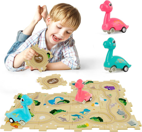 Puzzle Racer Kids Car Track Set with 2 Dino Cars, Kids Toys Boys 3-5, Toys for 2 3 4 5 6 Year Old Boys, Toys for Ages 2-4 Boys, Car Tracks for Tod...