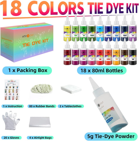 HTVRONT Tie Dye Kit for Kids and Adults - 18 Colors 80ML Pre-Filled Bottles Permanent Non-Toxic Tye Dye Kits for Clothing T-Shirt Fabric Textile C...