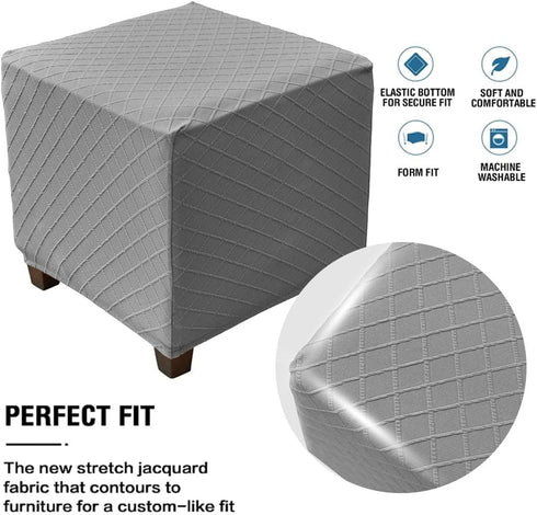 Ottoman Cover Square Ottoman Slipcover Storage Ottoman Protector Cover for Footrest Foot Stool Furniture Stretch Rhombus Jacquard Fabric with Elas...