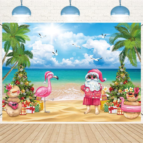 July Christmas Backdrop 8x6FT Tropical Flamingo Palm Tree Hawaiian Photography Background Summer Beach Santa Claus Party Decoration Supplies Photo...