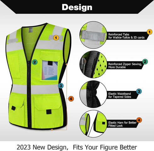 TCCFCCT Women Reflective Vest 11 Pockets High Visibility Mesh Safety Vest for Lady, Neon Construction Work Vest with Zipper, Snug-Fit, Durable wit...