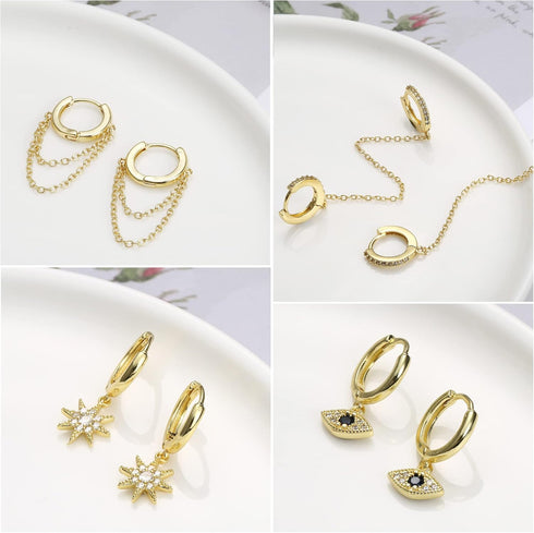 IRONBOX 12Pairs 14K Gold Plated Huggie Hoop Studs Earrings Set for Women Small Dainty Minimalist Chain Earrings Cartilage CZ Ball Earrings Sets fo...