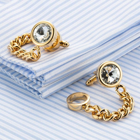 Amosfun 1 Pair Crystal Cufflinks with Chain Golden Mens Business Wedding Shirt Cufflinks Set Shirt Accessories for Men Attire Storage Travel Box O...