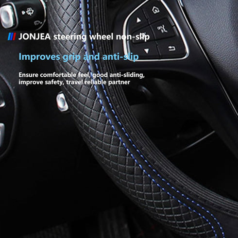 PU Leather Steering Wheel Cover for Women & Men, Waterfroof and Anti-Slip Car Steering Wheel Cover Universal Standard Size 14.5''-15'', Blue+Black...