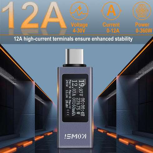 USB C Power Meter USB C Tester, USB Multimeter 4-30V 0-12A Voltage Current Capacity Energy Power Digital Tester with OLED Display Support 240W Fas...