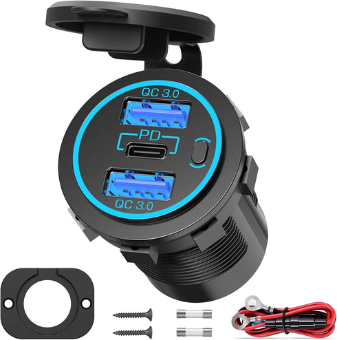 Car 12V USB Outlet Charger: Qidoe 66W Multi USB Power Socket Charger 12V Motorcycle Outlet Dual QC3.0 Port and PD 30W USB-C with Switch Waterproof...