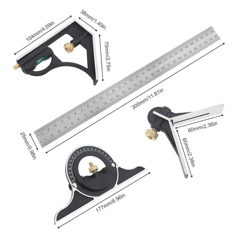 12" Combination Square Stainless steel Adjustable Sliding Ruler & Protractor Level Measure Measuring Set 4-Piece Carpentry Tools Carpenter Square,...