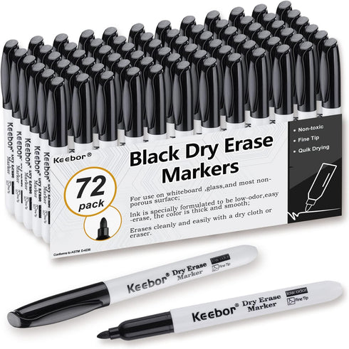 Basic Fine Tip Dry Erase Markers Black, 72 Count Low-Odor Whiteboard Markers Bulk, Office Supplies...