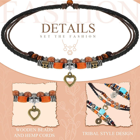 3 Pcs Western Layered Boho Wood Beads Choker Necklace Adjustable Vintage Leather Necklace Bead Choker Boho Jewelry for Women...