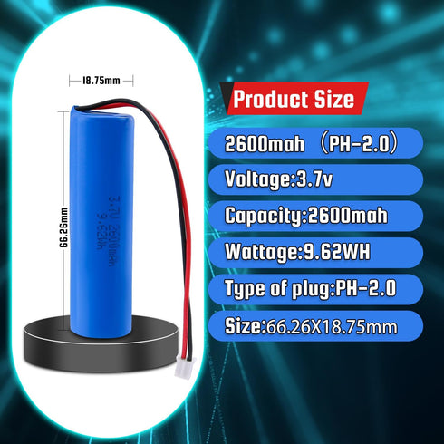3.7V 2600mAh Rechargeable Batteries Lithium ion Battery with PH2.0/2P Connector for DIY Electronics Products, Toys, Lighting, Bluetooth Equipment...