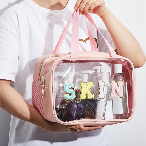 Chenille Letter Bag Nylon Makeup Bag Portable Bag Makeup Cases Preppy Patch Makeup Bag with Zipper Cosmetic Toiletry Storage Bag for Women Girls (...