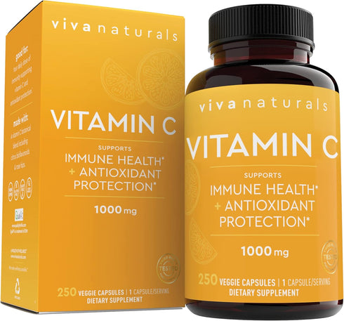 Viva Naturals Vitamin C 1000mg - Non-GMO Vitamin C Supplements with Citrus Bioflavonoids & Rose HIPS for Immune Support & Antioxidant Protection, ...