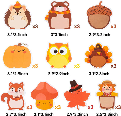 30 Pack Turkey Pumpkin Sticky Notes, Total 600 Sheets, Cute Thanksgiving Fall Animal Fox Bear Hedgehog Harvest Self Sticky Memo Pads for Office Sc...
