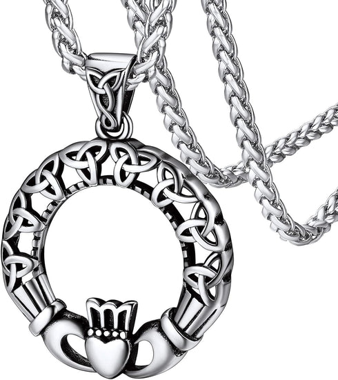FaithHeart Irish Claddagh/Knot Pendant Necklace for Women Men Stainless Steel/18K Gold Plated Wicca Pentagram Talisman Jewelry Personalized Custom...