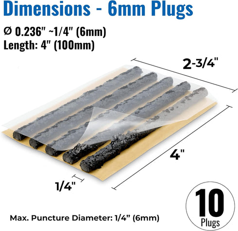 Tire Plugs Heavy Duty (4", 10 Pack) - ?1/4" (6mm) Tubeless Tire Plugs for Car, ATV/UTV, Professional Tire Repair Plugs for Tire Flats, Essential f...