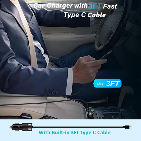 60W Super Fast Charging Android Car Charger Type C Rapid Samsung Car Charger with 3ft Built-in USB C Cable for Samsung Galaxy S24 Ultra S23 FE S22...