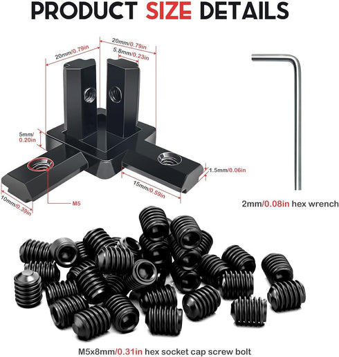 12Pcs Black 2020 Series 3-Way End Corner Bracket Connector with Screws + 1pcs Wrench for Slot 6mm 20S Aluminum Rail Accessories (12)...