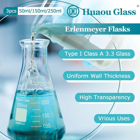 Glass Erlenmeyer Flask Set 50ml 150ml and 250ml, Narrow Mouth Graduated Flasks, 3.3 Borosilicate Glass, Ideal for Laboratory, Classroom or Home Us...