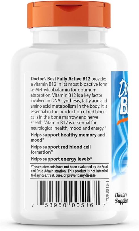 Doctor's Best Fully Active B12 1500 Mcg, Supports Energy, Mood, Circulation, Non-GMO, Vegan, Gluten Free, 180 Count...