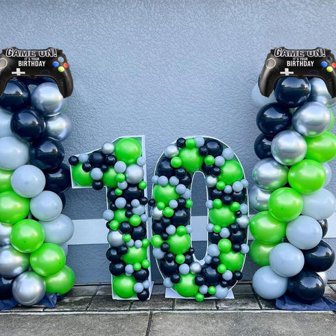 144Pcs Video Game Balloon Arch Garland Kit Green Black Silver Explosion Star Game Controller Mylar Balloons for Boys Kids Game On Level Favor Them...