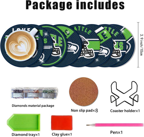 8 Pcs Diamond Painting Coasters Kit, DIY Football Diamond Art Coasters with Holder for Seattle Adults Diamond Art Crafts Supplies...