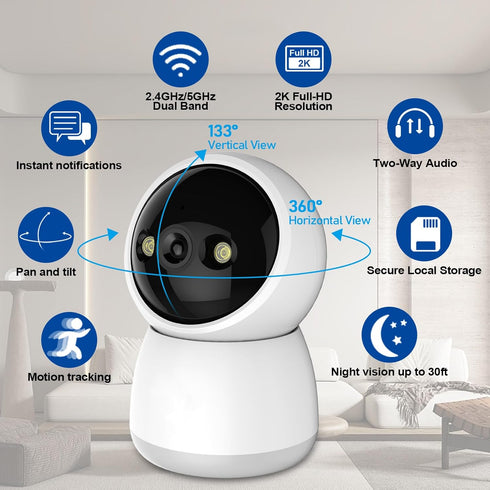 Indoor Security Camera 2K HD 360 Degree Night Vision Camera, WiFi 2.4GHZ & 5GHz Home Camera with Motion Detection & Tracking for Baby and Pet/Dog/...