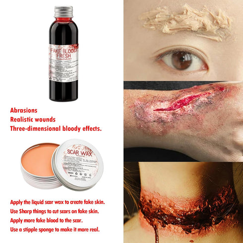 Special Effects SFX Halloween Makeup Kit - Fake Blood + Coagulated Blood Gel + 12 Colors Bruise Makeup Face Body Painting Palette with Brush + Sca...