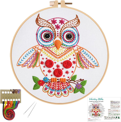 Louise Maelys Beginners Adults Embroidery Kit,Owl stamped pattern Practice kit,Starters cross stitch kit including embroidery hoop,cloth,needles, ...