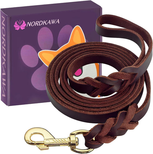 Leather Dog Leash, 5ft/6ft/8ft Braided Leather Leash for Dogs, Heavy Duty Dog Leashes with Rotating Clasp, Soft and Durable Leather Dog Training L...