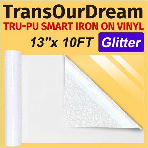 TransOurDream Tru-PU Smart Iron On Vinyl, White Glossy Glitter Heat Transfer Vinyl, 13in x 10ft HTV for AIR 2, EXPLORE 3, MAKER 3, CAMEO, Matless ...