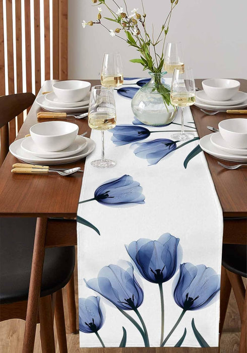 Floral Table Runner-Blue Tulip Cotton Linen-Long 72 inche Dresser Scarves,Flower Rustic Tablerunner for Kitchen Coffee/Dining Table Bedroom Home L...