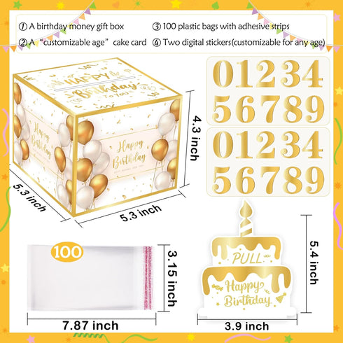 Birthday Money Gift Box with DIY Stickers for Any Ages, Surprise Money Holder for Cash Gift with Pull Out Happy Birthday Card and 100Pcs Bags - A ...