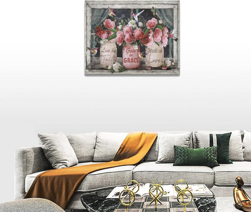 Farmhouse Canvas Wall Art Rusitc Pink Rose Wall Decor Flower Mason Jar Hummingbird Pictures Painting Prints Framed Decor Country Home Artwork for ...