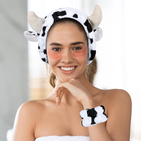 Plush Wash Face Headband Cow Print Spa Wrist Band Cuffs Hair Scrunchy Women Girls Facial Makeup Skincare Bath Head Wrap Kids Costume Party Supply ...