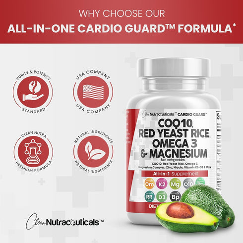 COQ10 200mg Red Yeast Rice 3000mg Omega 3 3000mg Magnesium Complex 500mg Niacin Zinc Vitamin K2 D3 - Heart Health Support Vitamins for Women and M...