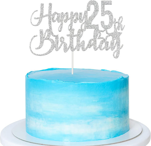 Silver Glitter Happy 25th Birthday Cake Topper - 25th Birthday Cake Topper, 25th Birthday Party Decoration...